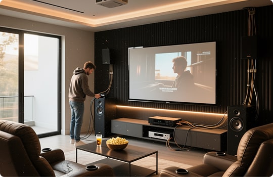 Установка домашнего кинотеатра с акустикой и проектором Esixson